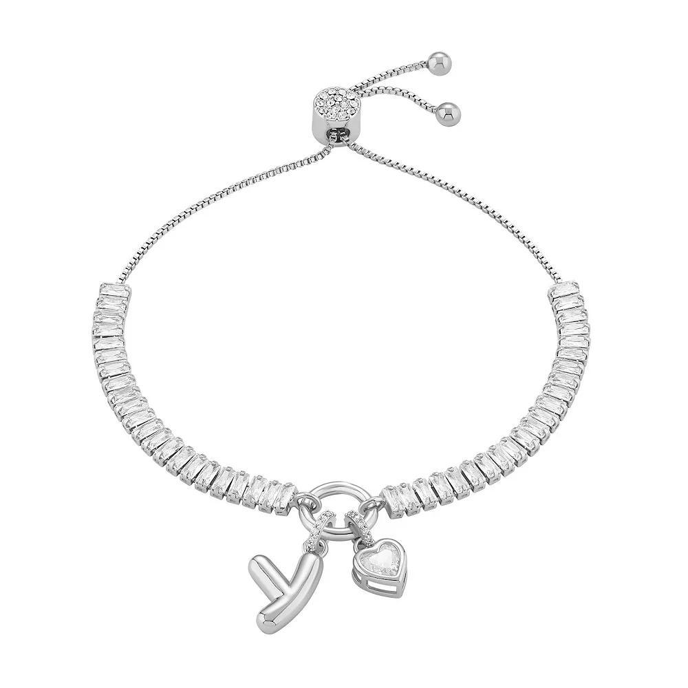 Brilliance Cubic Zirconia Heart & Polished Bubble Initial Charm Adjustable Bracelet, Women's, Size: 4-10" ADJ, Silver Tone Y Product Image