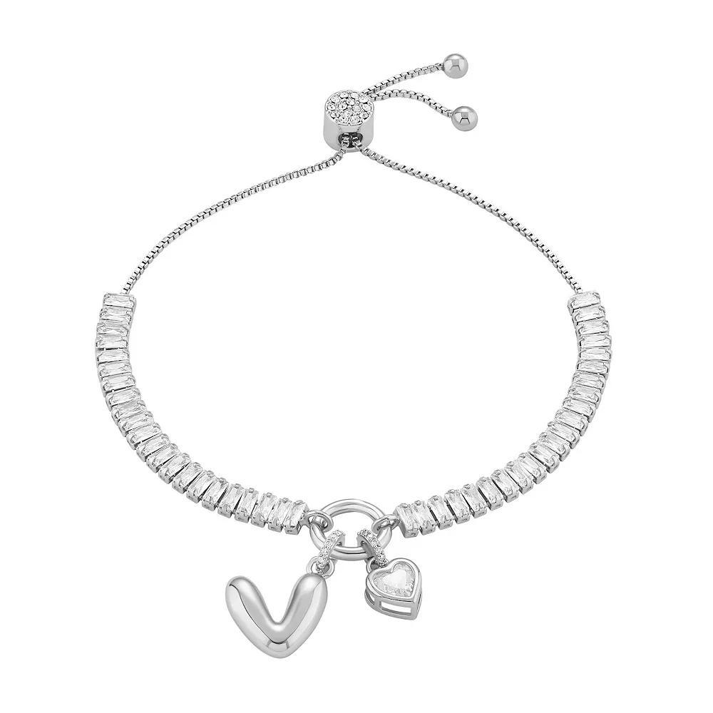 Brilliance Cubic Zirconia Heart & Polished Bubble Initial Charm Adjustable Bracelet, Women's, Size: 4-10" ADJ, Silver Tone V Product Image