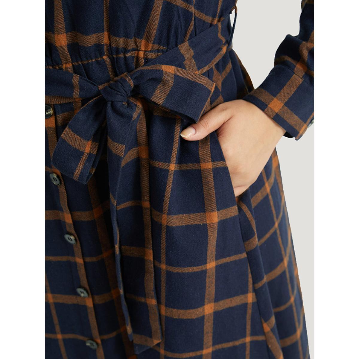 Plus Size Plaid Shirt Collar Button Fly Belted Dress Navy Women Office Belted Shirt collar Long Sleeve Curvy Midi Dress BloomChic 18-20/2X Product Image