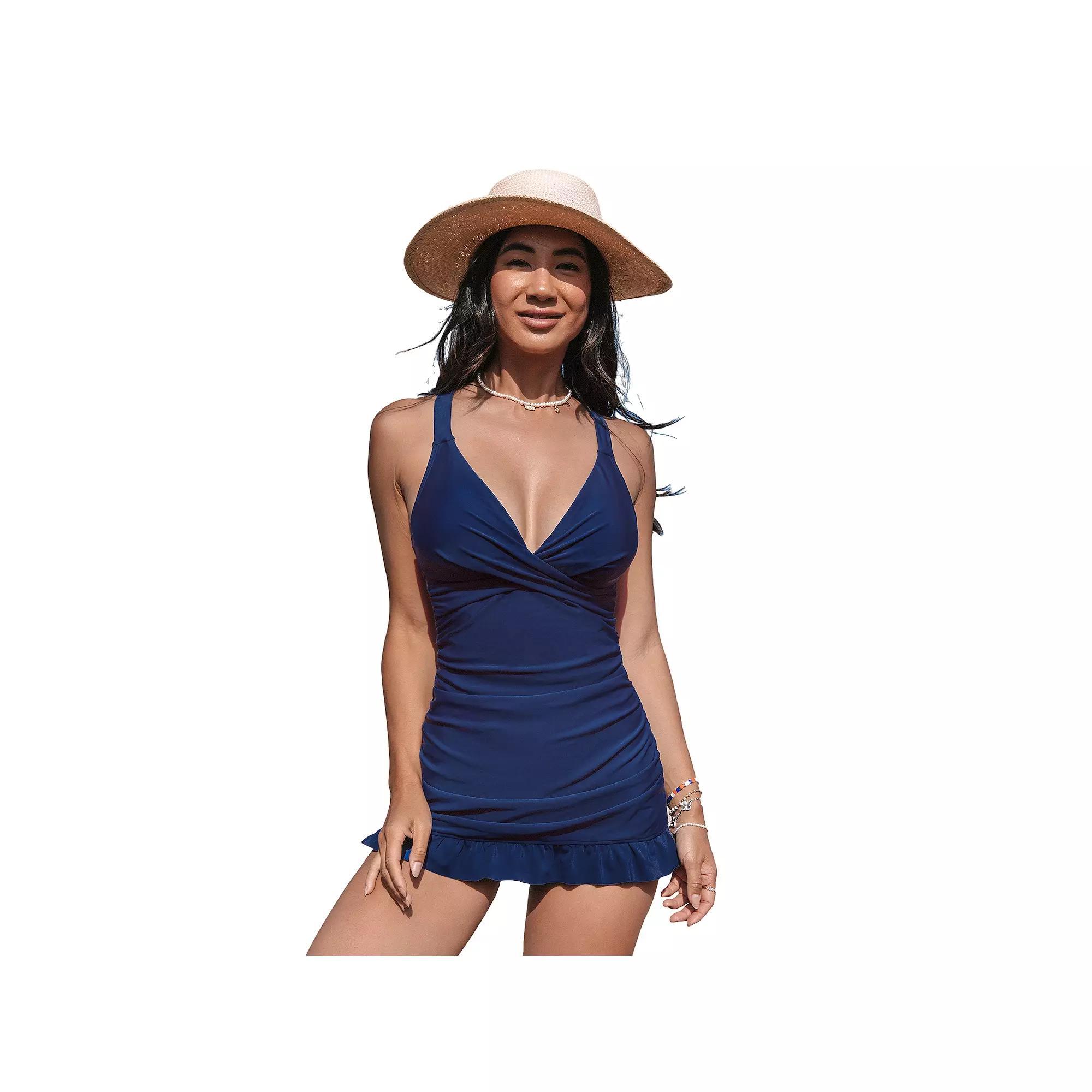 Women's Cupshe Twisted Tunnelled Ruching Ruffle Swimdress, Size: Medium, Blue Product Image