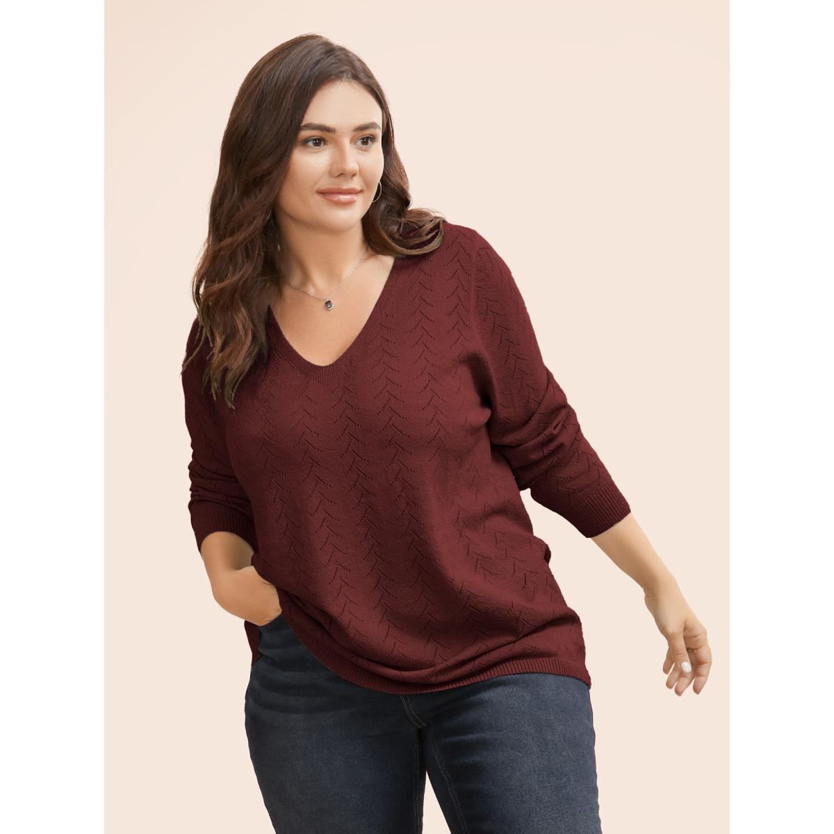 Plus Size Texture V Neck Lightweight Pullover Burgundy Women Casual Long Sleeve V-neck Everyday Pullovers BloomChic 10/M Product Image