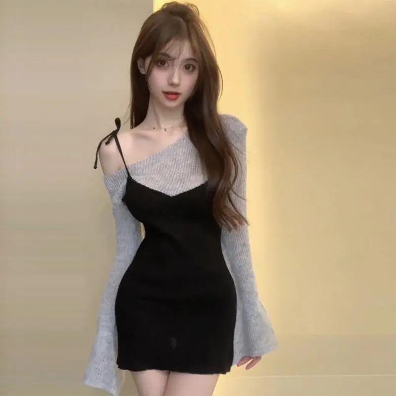 Flared-Sleeve Cold-Shoulder Two Tone Mock Two-Piece Knit Mini Sheath Dress Product Image