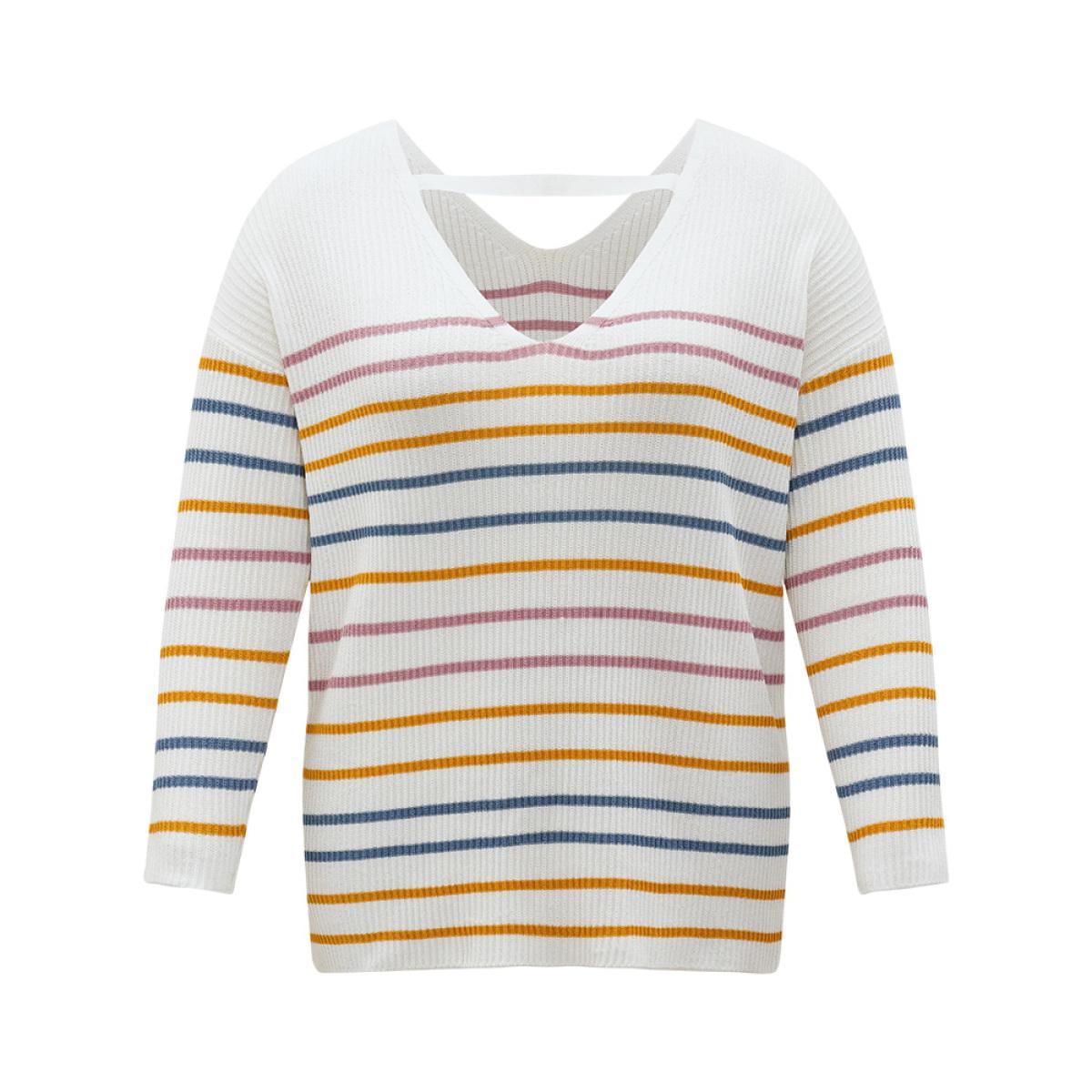 Plus Size Colour Striped V Neck Back Cut Out Pullover Multicolor Women Casual Loose Long Sleeve V-neck Dailywear Pullovers BloomChic 30/6X Product Image