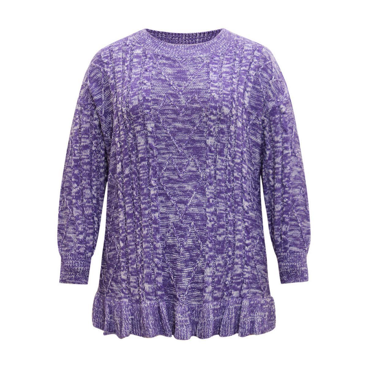 Plus Size Heather Flutter Hem Cable Knit Pullover BlueViolet Women Casual Loose Long Sleeve Round Neck Dailywear Pullovers BloomChic 14-16/1X Product Image
