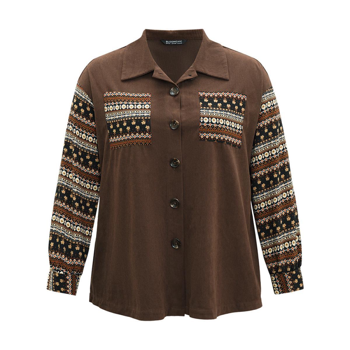 Plus Size Bandana Print Patchwork Button Through Jacket Women DarkBrown Contrast Pocket Dailywear Jackets BloomChic 18-20/2X Product Image