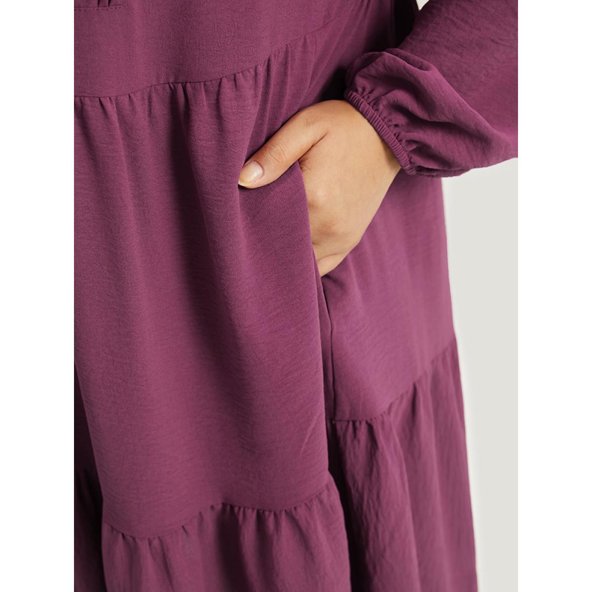 Plus Size Plain Plicated Detail Layered Hem Dress RedViolet Women Elegant Elastic cuffs Round Neck Long Sleeve Curvy Midi Dress BloomChic 30/6X Product Image