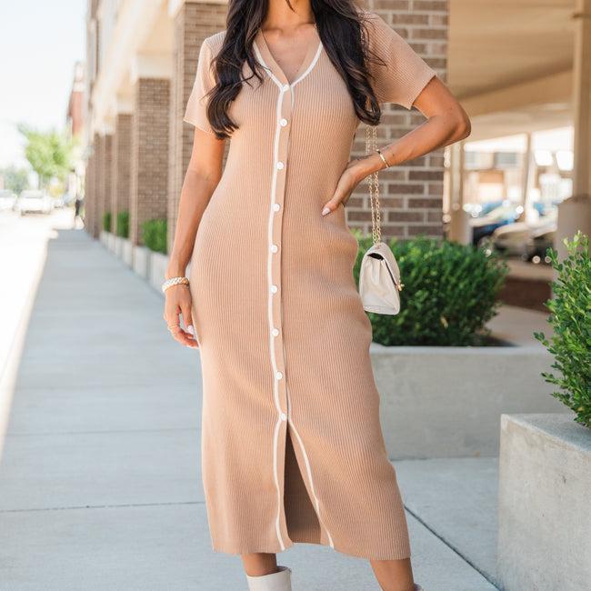 Let's Not Forget Tan Button Up Knit Sweater Dress Product Image