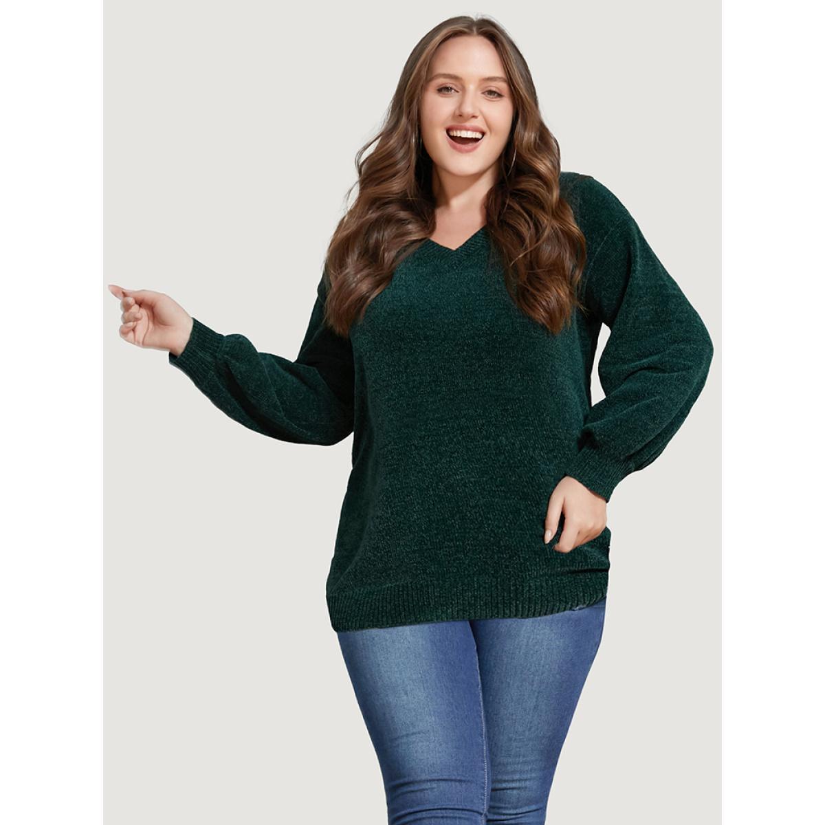 Plus Size Solid Chenille Knit Lantern Sleeve V Neck Knit Top DarkGreen Women Elegant Long Sleeve V-neck Dailywear Pullovers BloomChic 18-20/2X Product Image