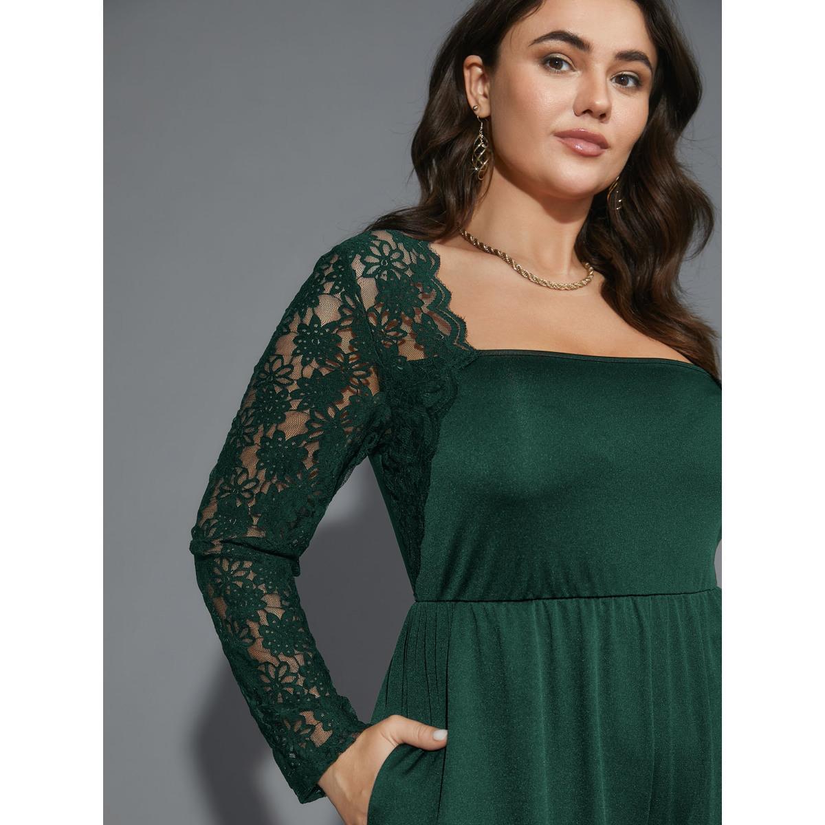 Plus Size Truegreen Lace Mesh Sleeves Square Neck Jumpsuit Women Cocktail Long Sleeve Square Neck Party Loose Jumpsuits BloomChic 10/M Product Image