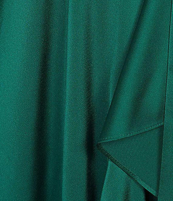 Alex Marie Lilac Satin V-Neck Long Blouson Sleeve Tie at Waist Wrap Asymmetrical Flounce Midi Dress Product Image