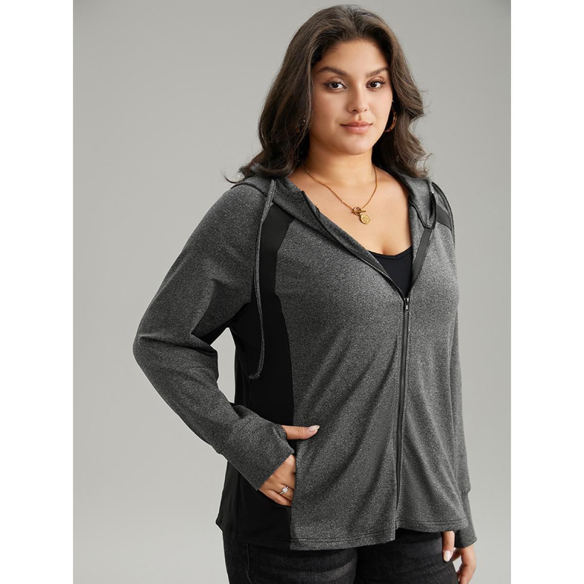 Plus Size Contrast Drawstring Zipper Hooded Jacket Women DimGray Contrast Pocket Dailywear Jackets BloomChic 18-20/2X Product Image