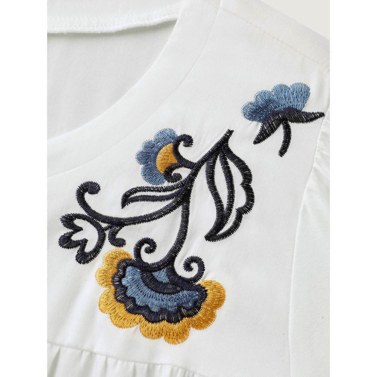 Plus Size Ivory Floral Embroidered Cross-Tie Neck Blouse Women Short sleeve Notched collar Vacation Blouses BloomChic 12/L Product Image