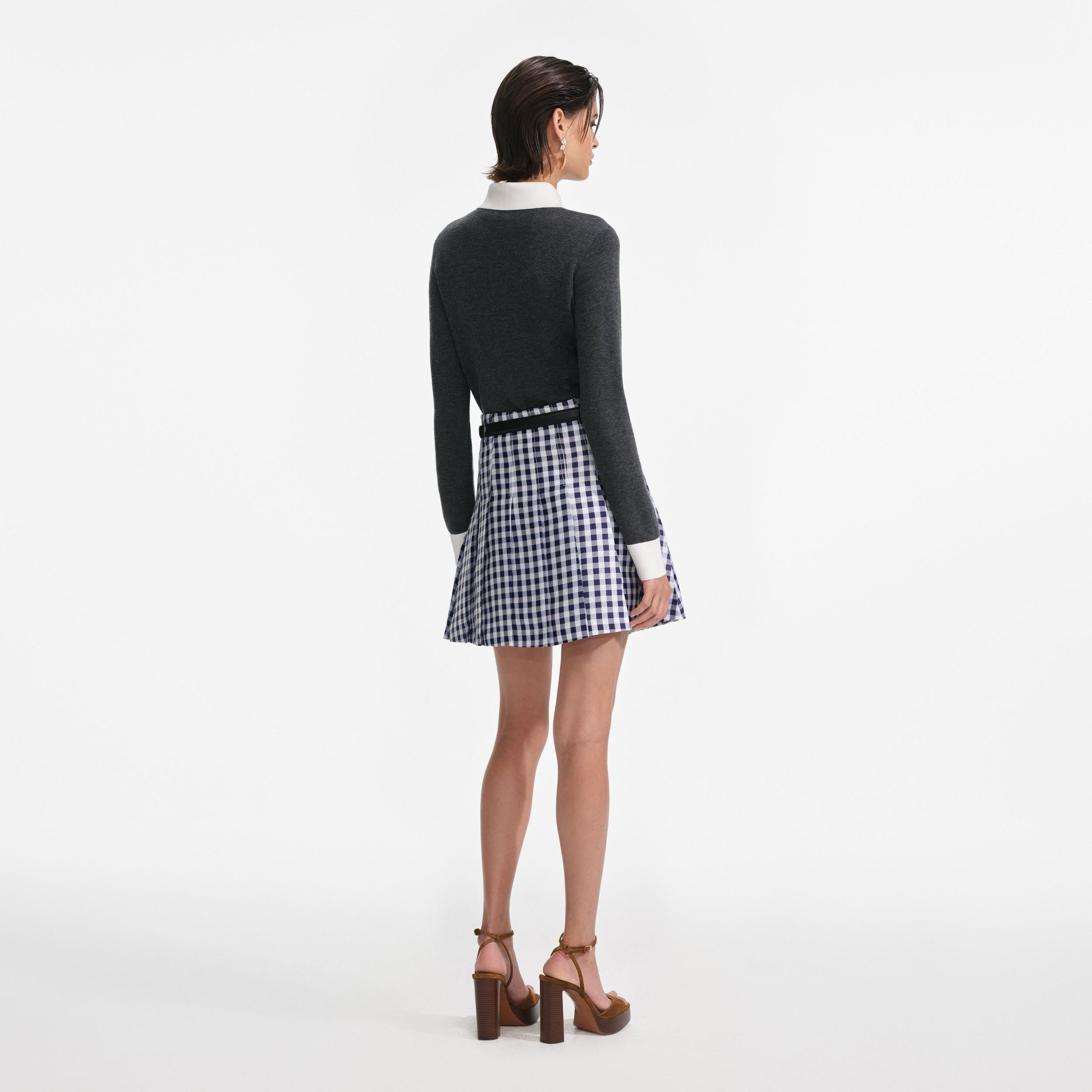 Navy Gingham Pleated Taffeta Mini Skirt Product Image