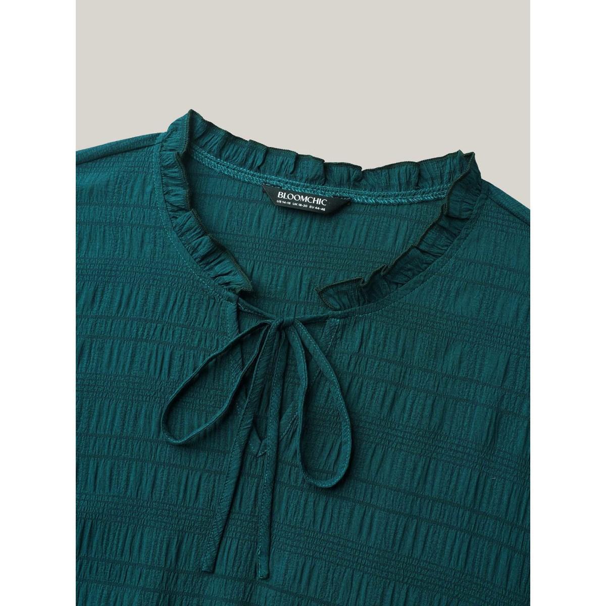 Plus Size Stretchy Waist Frill Trim Pockets Midi Dress Teal Women Elegant Tie knot Flat collar with V-notch Short sleeve Curvy BloomChic 14-16/1X Product Image
