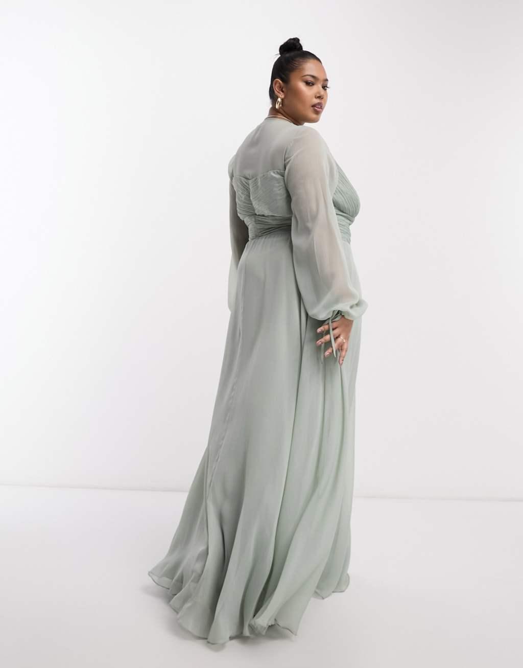 ASOS DESIGN Curve bridesmaid long sleeve ruched maxi dress with wrap skirt Product Image