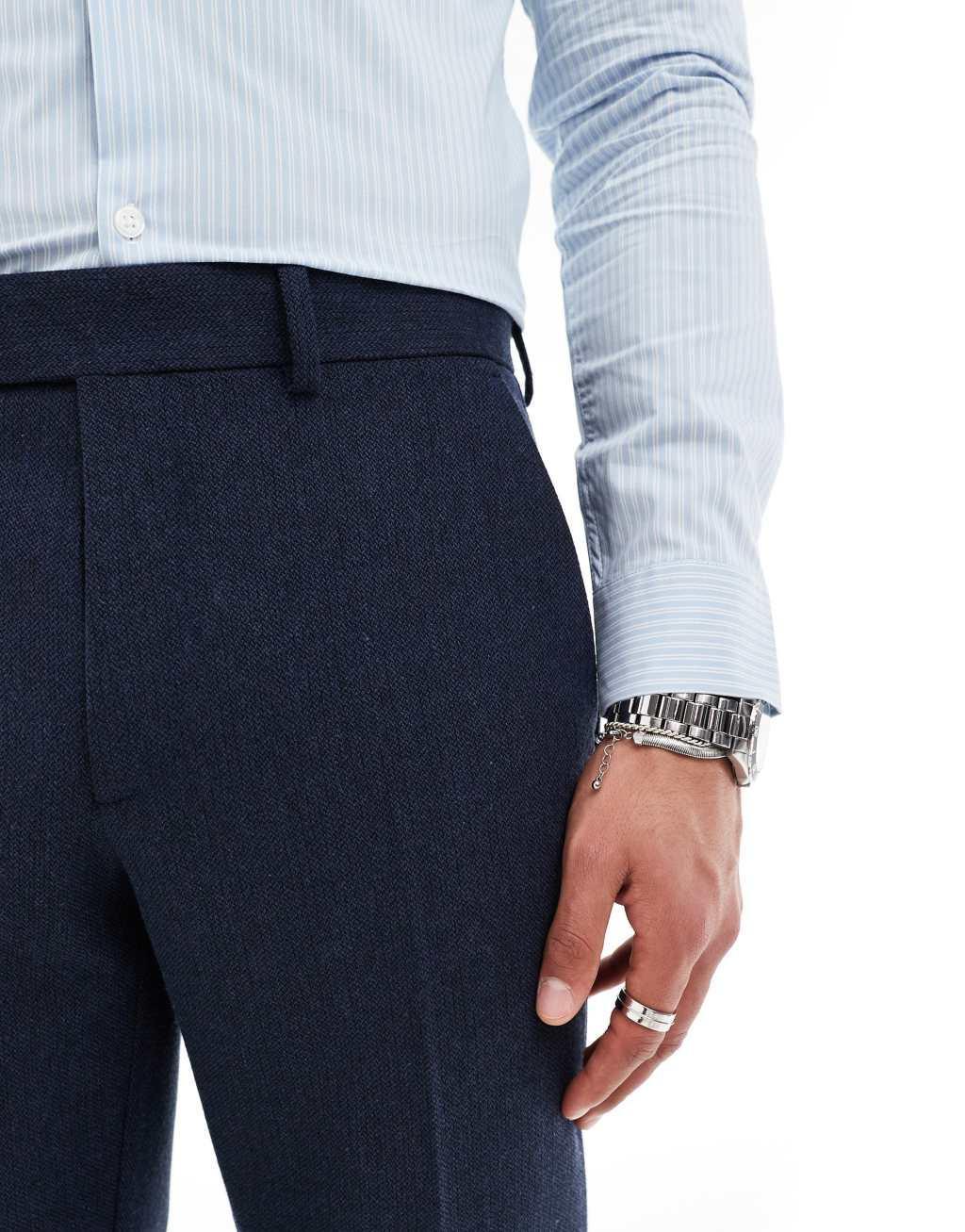 ASOS DESIGN slim wool blend suit pants in navy basketweave Product Image