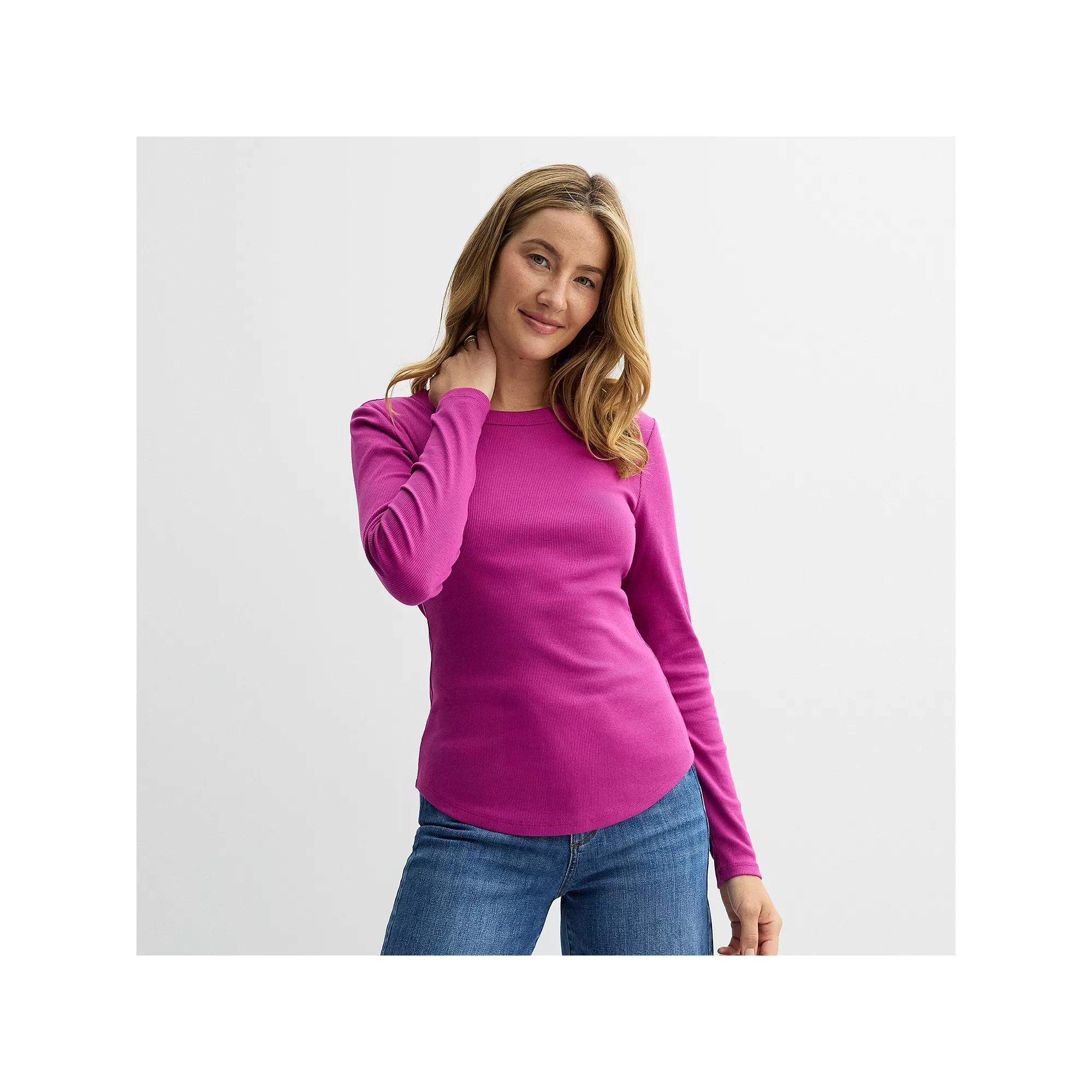 Women's Sonoma Goods For Life® Rib Slim Fit Long Sleeve Tee, Size: Large, Grey Product Image