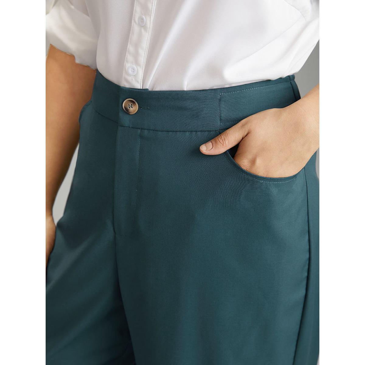 Plus Size Elastic Waist Solid Pocket Straight Leg Pants Women Cyan Office Straight Leg High Rise Dailywear Pants BloomChic 18-20/2X Product Image