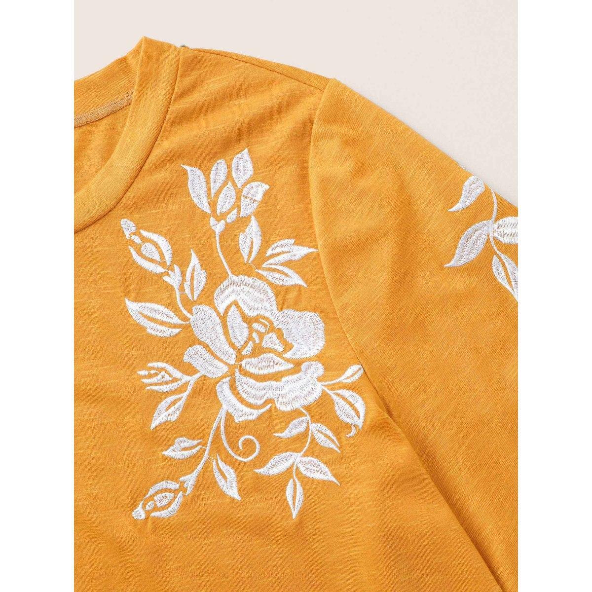 Plus Size Floral Embroidered Contrast Round Neck T-shirt Yellow Women Resort Contrast Floral Round Neck Vacation T-shirts BloomChic 30/6X Product Image