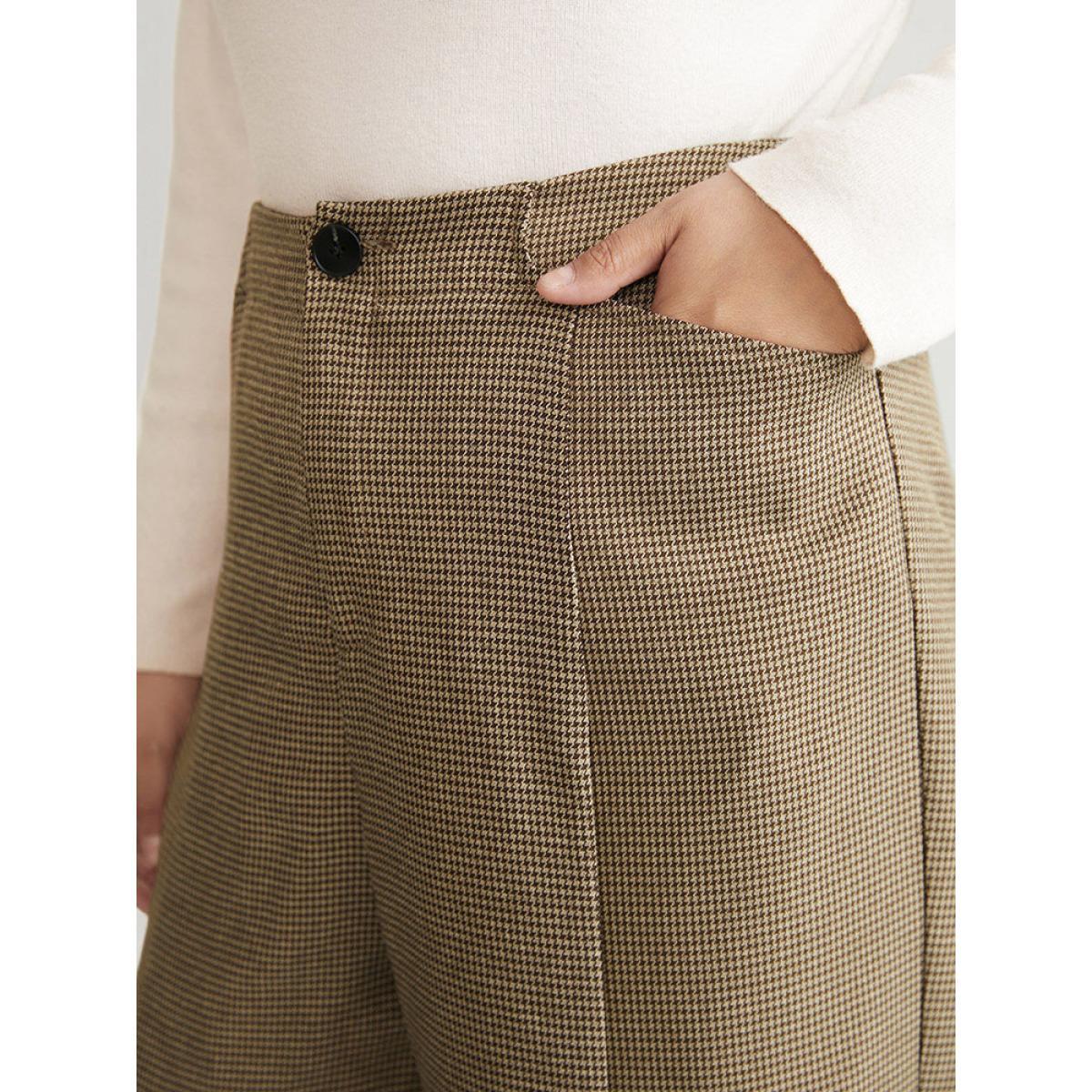 Plus Size Houndstooth Elastic Waist High Rise Straight Leg Pants Women Tan Office Straight Leg High Rise Work Pants BloomChic 18-20/2X Product Image