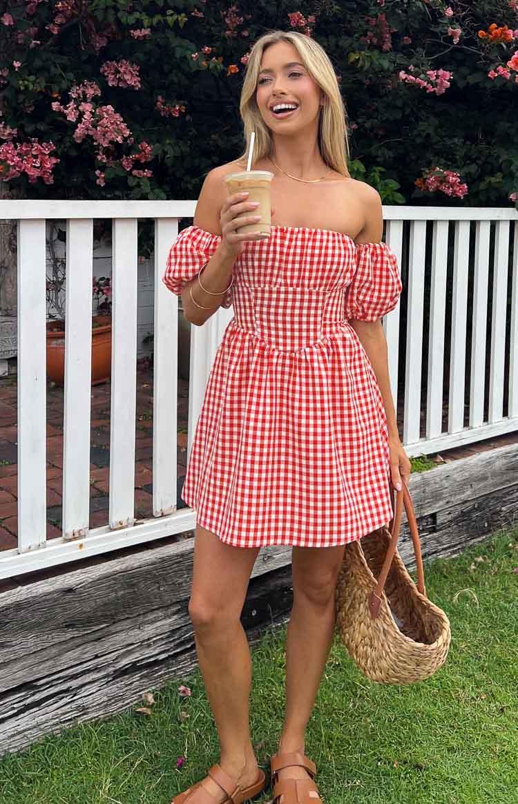 Love Lost Off The Shoulder Red Gingham Mini Dress Product Image