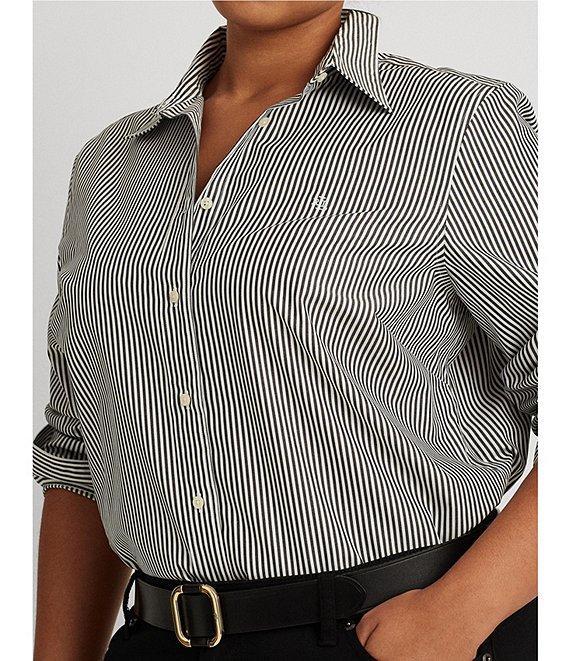 Lauren Ralph Lauren Plus Size Easy Care Striped Print Point Collar Shirttail Hem Long Sleeve Shirt Product Image