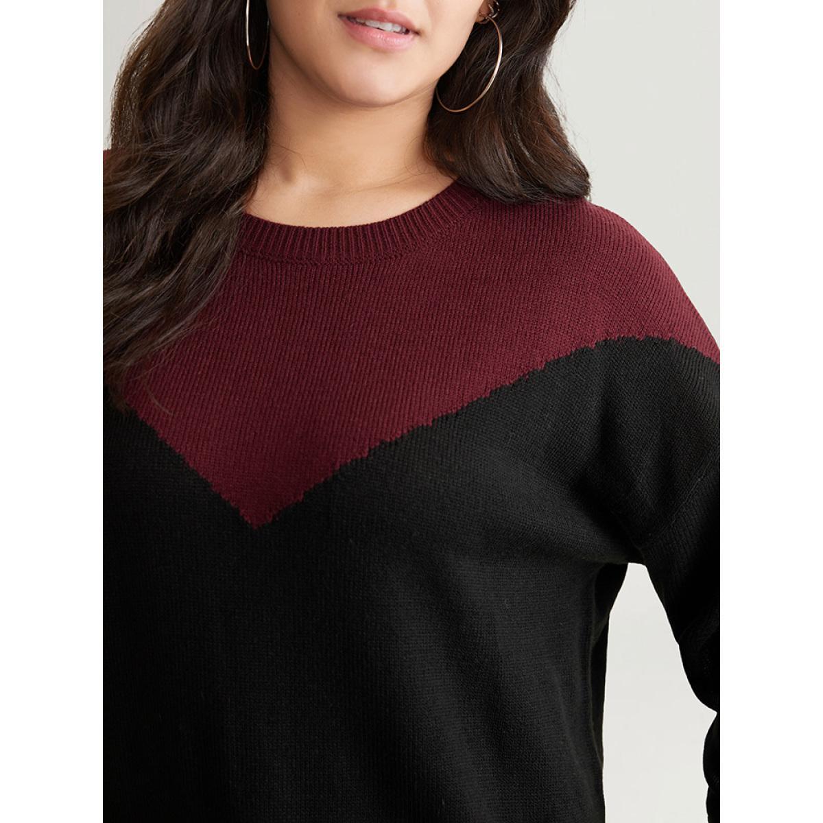 Plus Size Patchwork Colorblock Drop Shoulder Pullover Burgundy Women Casual Loose Long Sleeve Round Neck Dailywear Pullovers BloomChic 30/6X Product Image