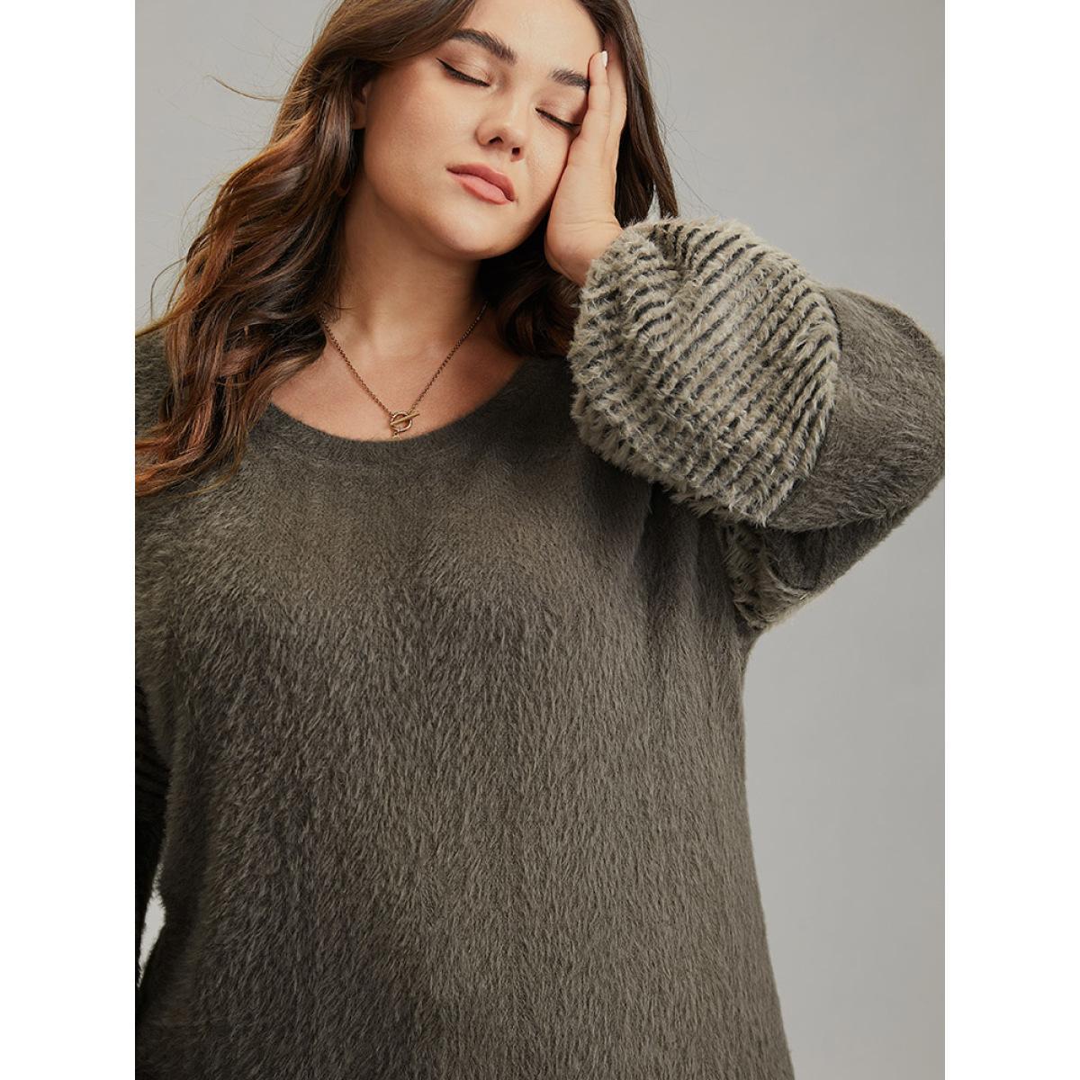 Plus Size Striped Patchwork Lantern Sleeve Fluffy Sweatshirt Women DarkBrown Casual Loose Round Neck Dailywear Sweatshirts BloomChic 18-20/2X Product Image