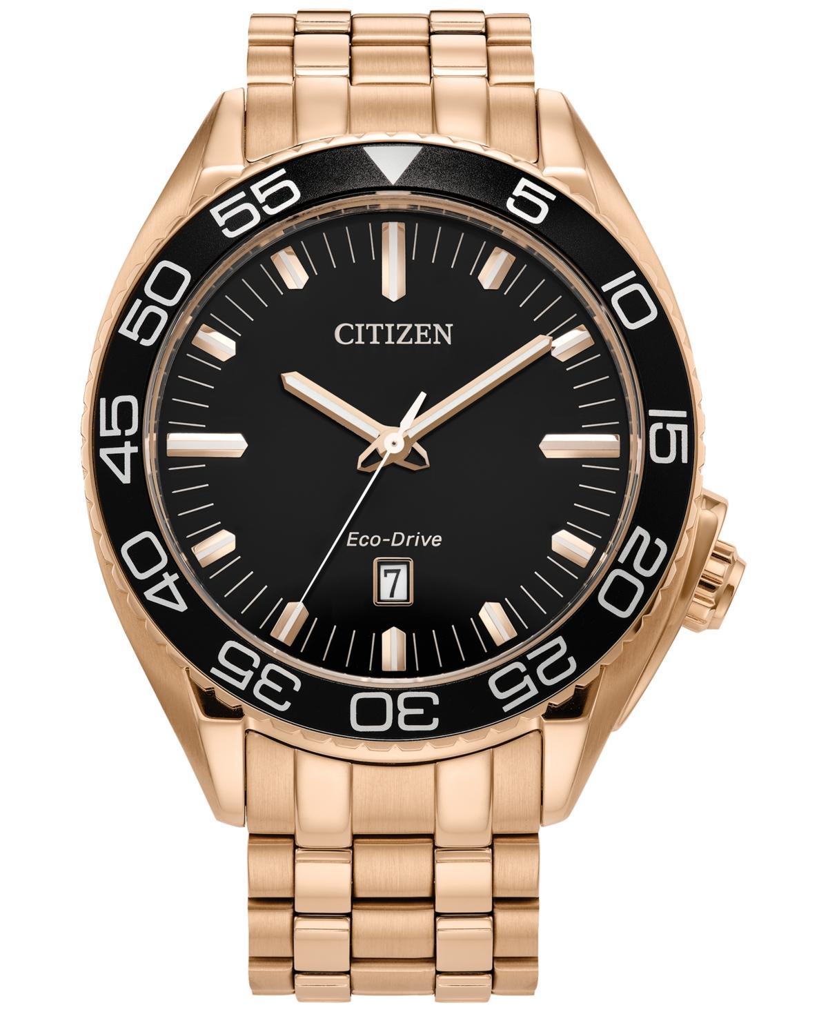 Citizen Mens Eco-Drive Sport Luxury Carson Rose Gold Tone Stainless Steel Black Dial Bracelet Watch Rosegold Product Image