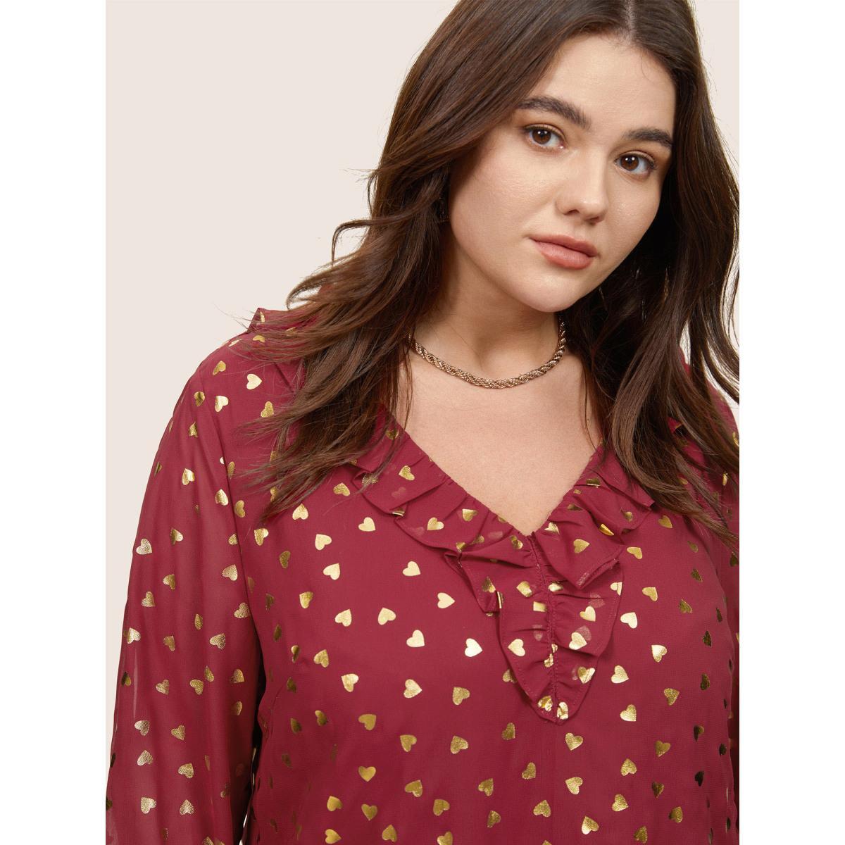 Plus Size Scarlet Glitter Heart Flutters Lantern Sleeve Blouse Women Glamour Long Sleeve V-neck Dailywear Blouses BloomChic 18-20/2X Product Image
