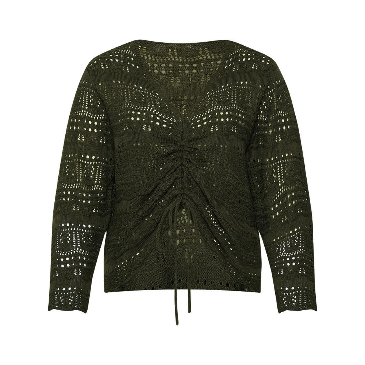 Plus Size Plain Drawstring Hem V Neck Pullover ArmyGreen Women Casual Loose Long Sleeve V-neck Everyday Pullovers BloomChic 14-16/1X Product Image