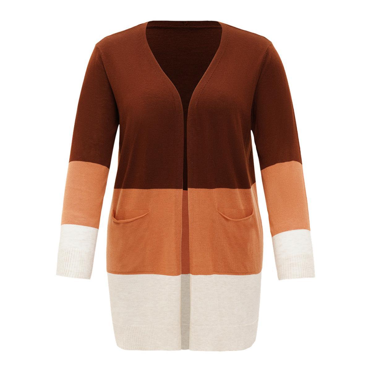Plus Size Supersoft Essentials Colorblock Contrast Pocket Open Front Cardigan Orange Women Casual Loose Long Sleeve Everyday Cardigans BloomChic 18-20/2X Product Image