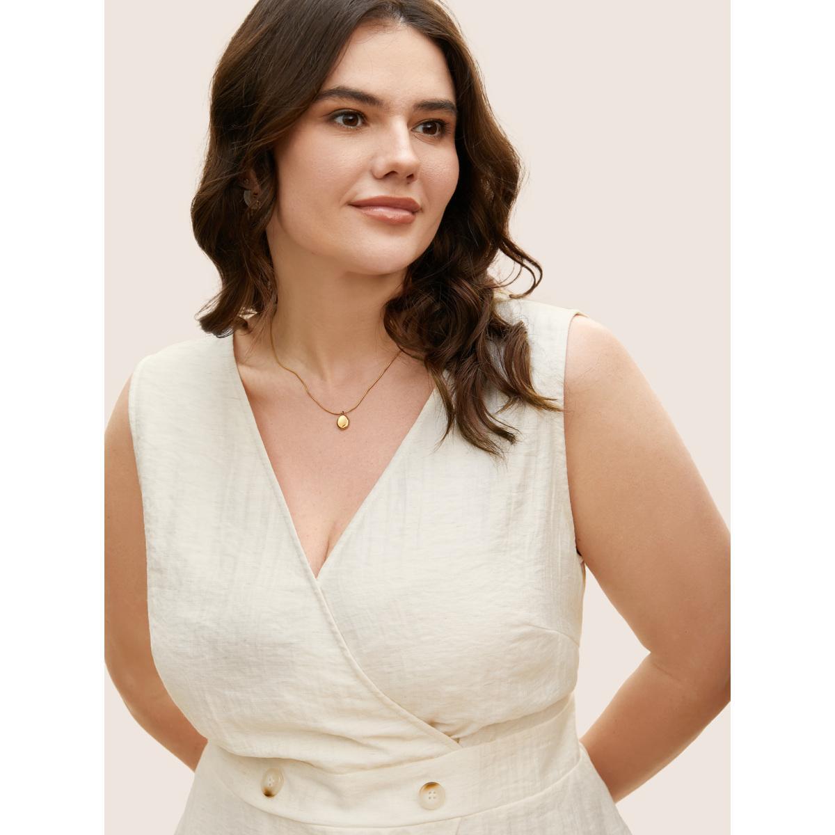 Plus Size Solid Button Detail Shirred Wrap Tank Top Women Originalwhite Workwear Essentials Button V-neck Work Tank Tops Camis BloomChic 18-20/2X Product Image