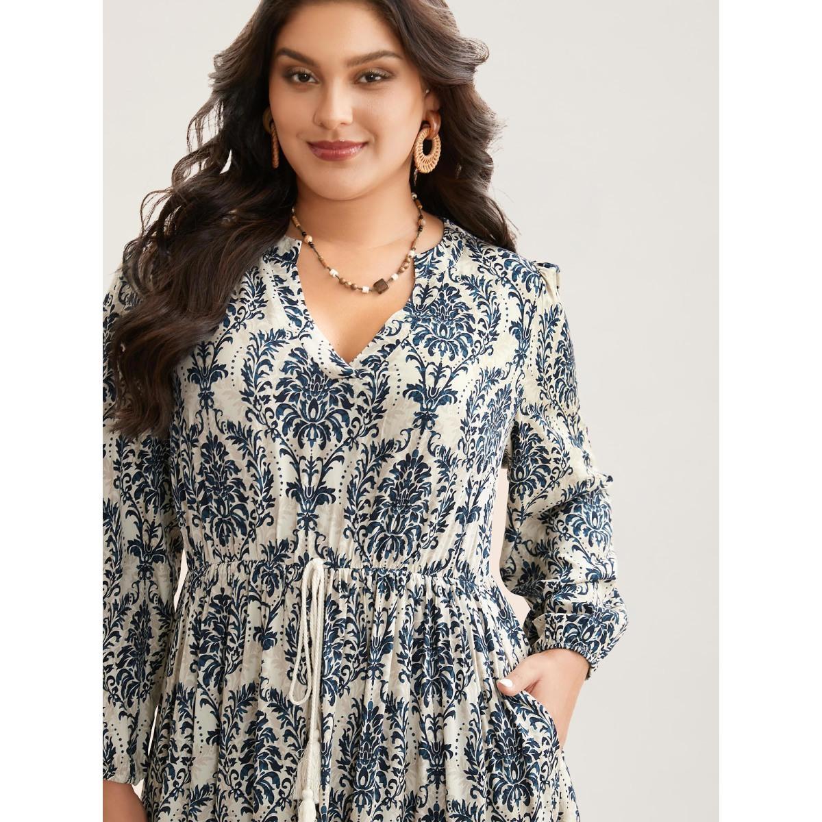 Plus Size Boho Print Notched Tie Knot Maxi Dress DarkBlue Women Resort Tie knot Flat collar with V-notch Long Sleeve Curvy BloomChic 14-16/1X Product Image