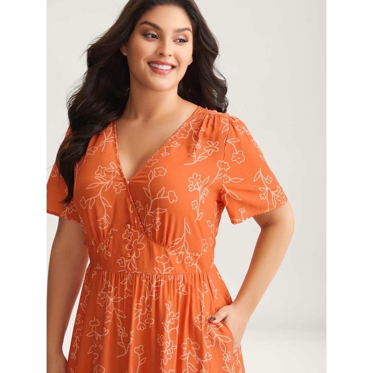 Plus Size Rayon Silhouette Floral Print Midi Dress Rust Women Overlap Collar Short sleeve Curvy BloomChic 28/5X Product Image
