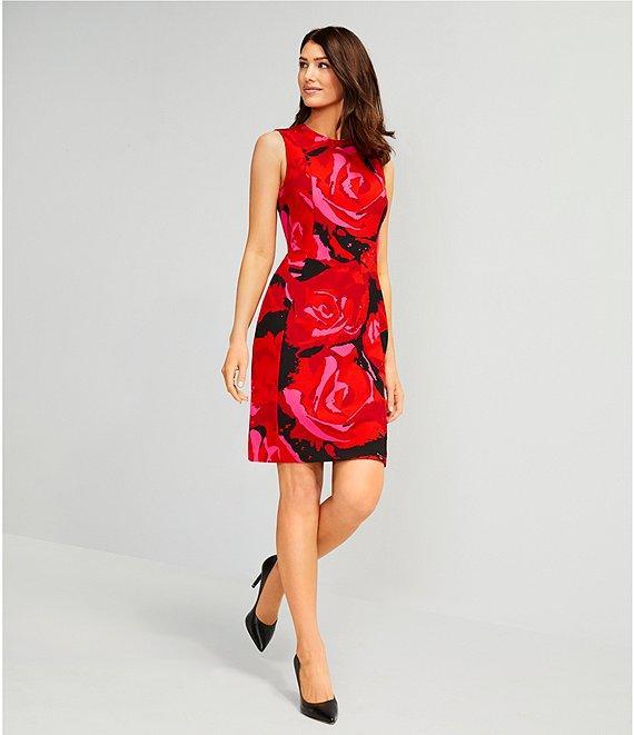 Investments Scuba Crepe red Roses Print Sleeveless Sheath Dress Product Image