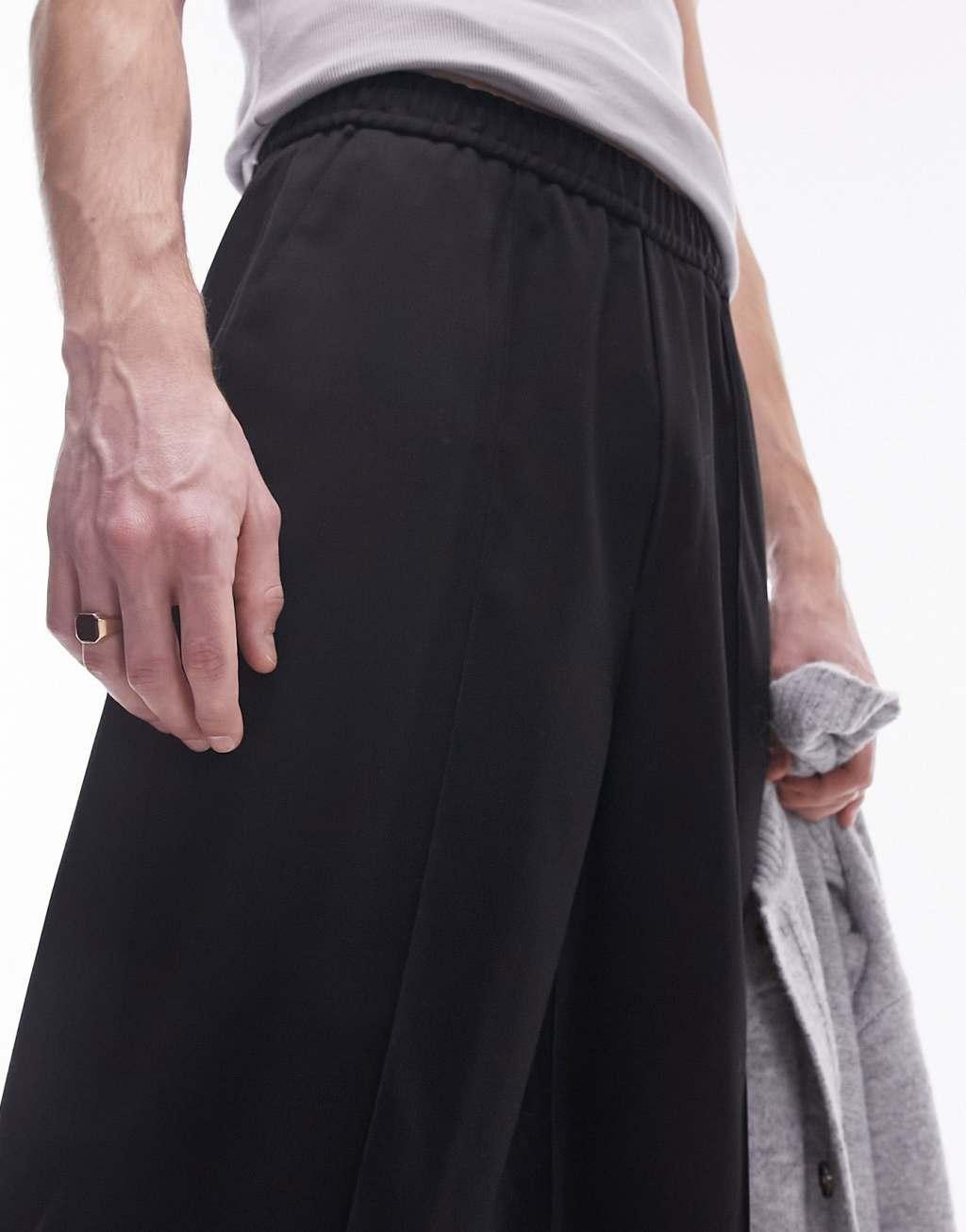 Topman elastic waist wide leg pants in black Product Image