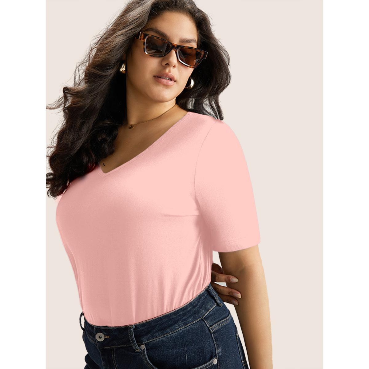 Plus Size Cotton V Neck Plain Basic T-shirt Lightpink Women Basics Non Plain V-neck Everyday T-shirts BloomChic 14-16/1X Product Image