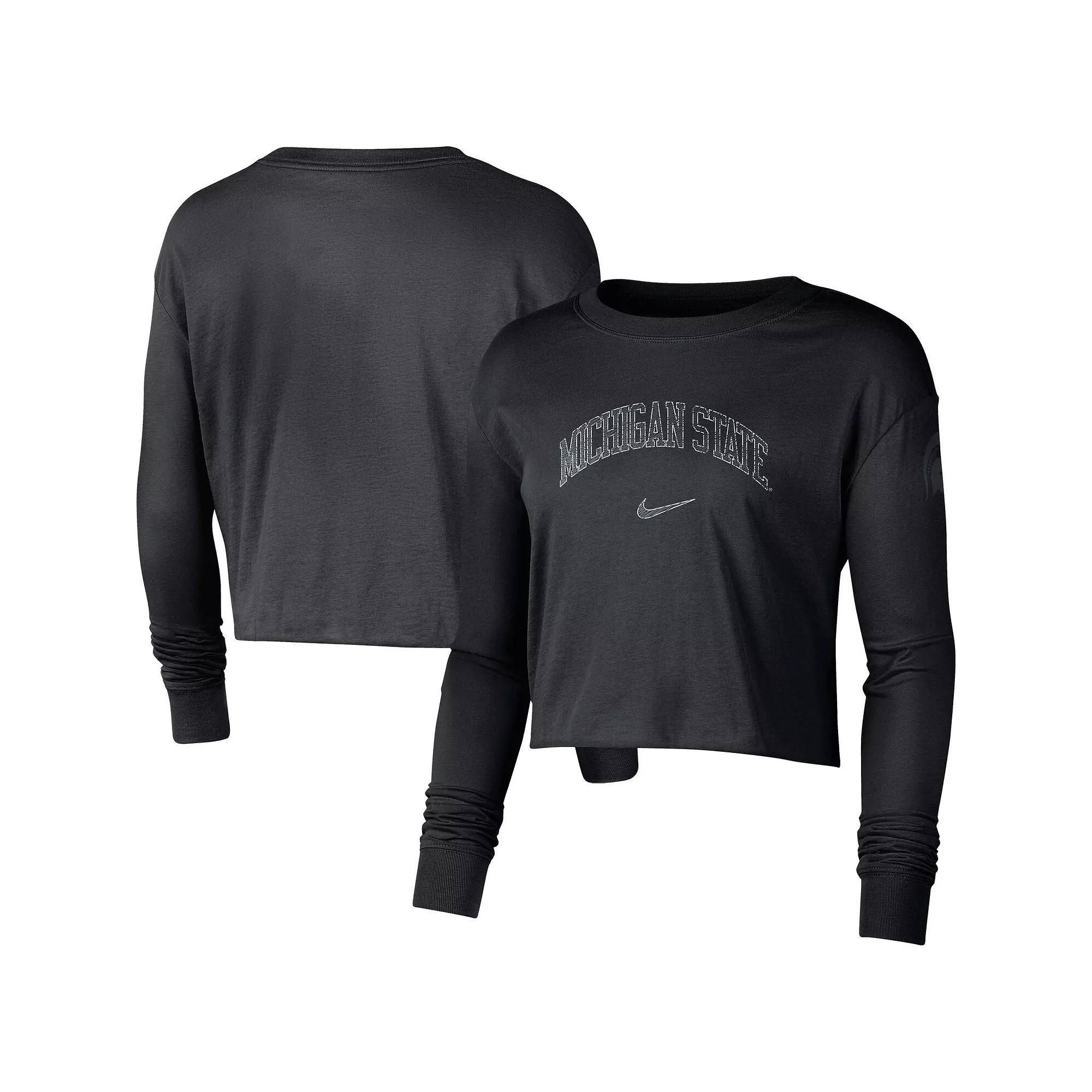 Women's Nike Black Michigan State Spartans 2-Hit Cropped Long Sleeve Logo T-Shirt, Size: Large Product Image