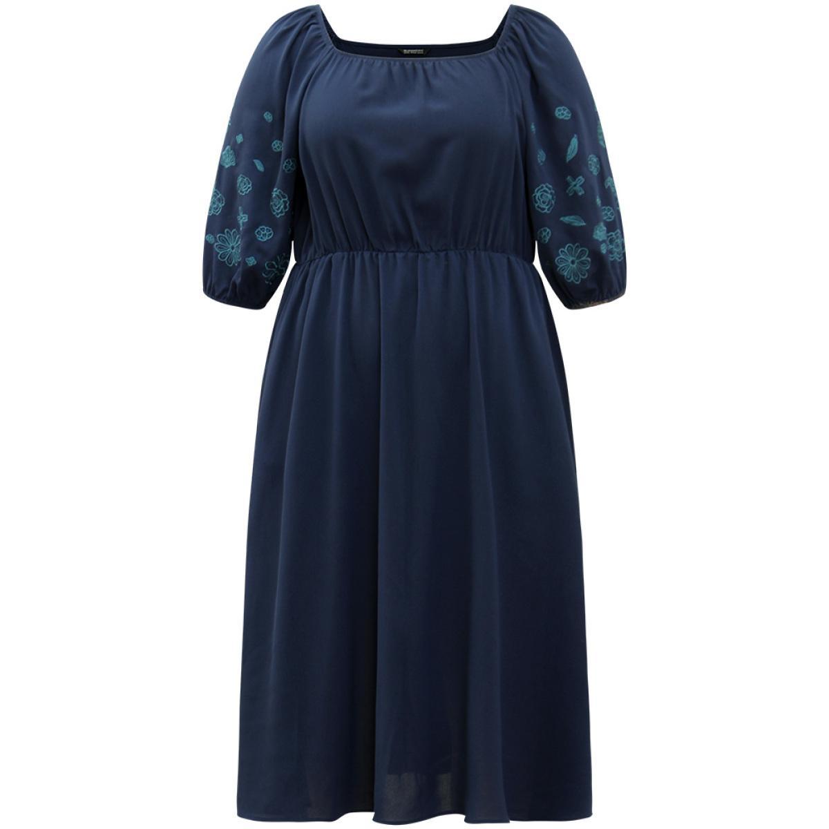 Plus Size Floral Embroidered Pocket Square Neck Lantern Sleeve Dress Indigo Women Elegant Elastic cuffs Square Neck Half Sleeve Curvy Midi Dress BloomChic 22-24/3X Product Image