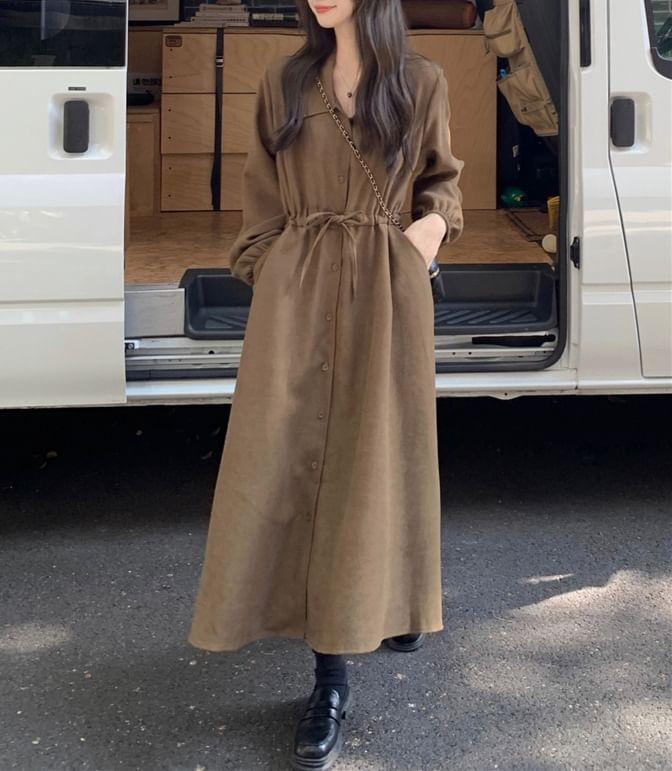Long-Sleeve Plain Midi A-Line Shirt Dress Product Image