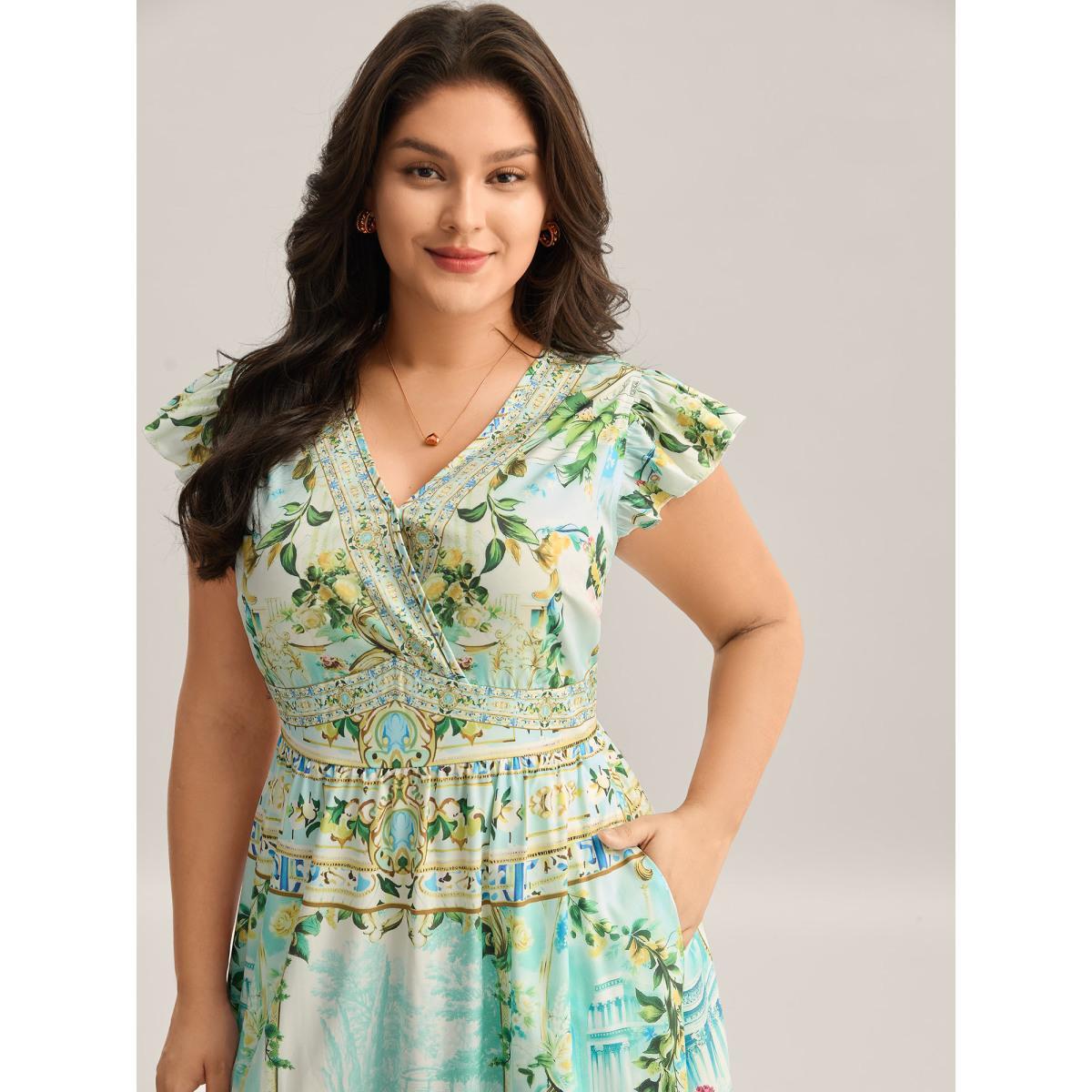 Plus Size Breezy Print Surplice Neck Ruffled Midi Dress Malachitegreen Women Overlap Collar Cap Sleeve Curvy BloomChic 14-16/1X Product Image