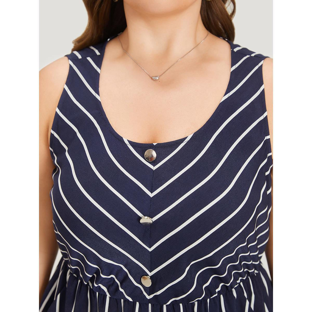 Plus Size Striped Button Detail Elastic Waist Pocket Tank Dress DarkBlue Women Elegant Elastic Waist Scoop Neck Sleeveless Curvy Midi Dress BloomChic 22-24/3X Product Image