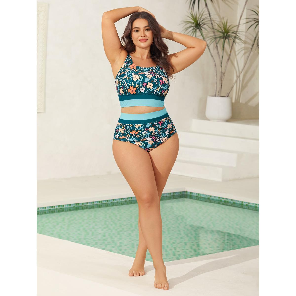 Plus Size Floral Print Color Contrast Swim Bottoms Women's Swimwear DarkGreen Beach Contrast High stretch Skinny High Rise Curve Swim Bottoms BloomChic 18-20/2X Product Image