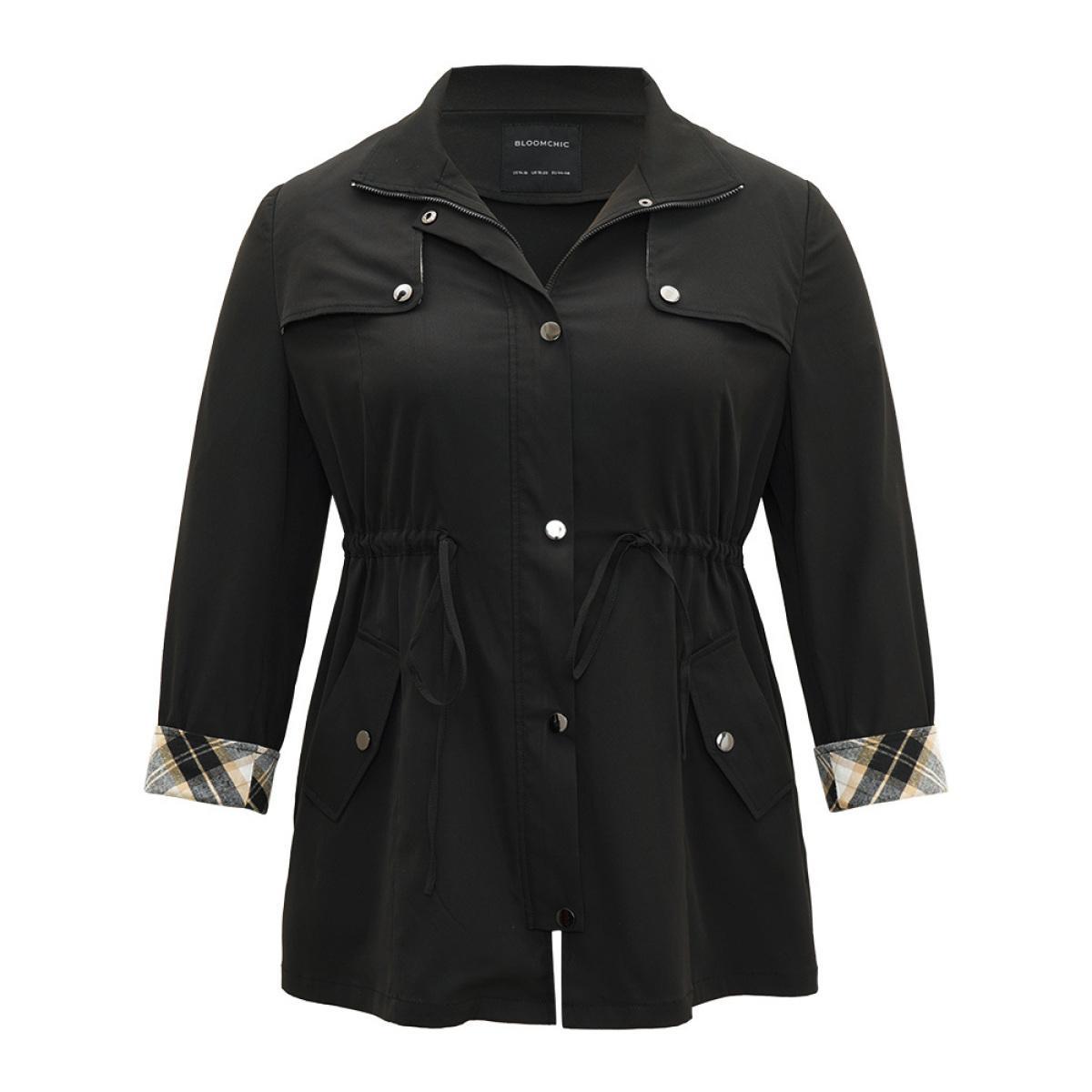 Plus Size Wind-Resistant Plaid Patchwork Drawstring Zipper Coat Women Black Contrast Pocket Dailywear Jackets BloomChic 18-20/2X Product Image