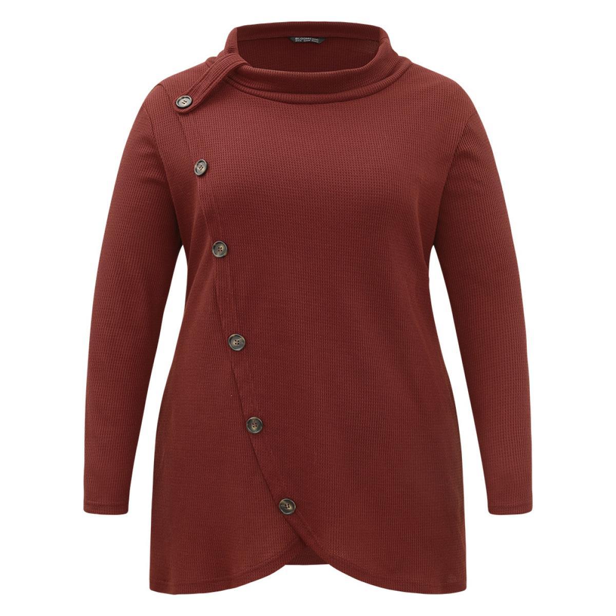 Plus Size Rib Knit Mock Neck Wrap Pocket Button Detail Sweatshirt Women Scarlet Casual Wrap Mock Neck Dailywear Sweatshirts BloomChic 14-16/1X Product Image