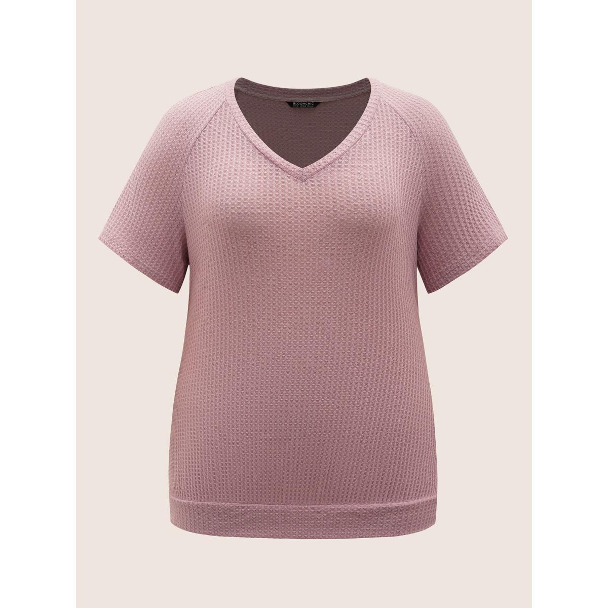 Plus Size Plain Waffle Knit V Neck T-shirt Rouge Women Casual Non V-neck Everyday T-shirts BloomChic 12/L Product Image