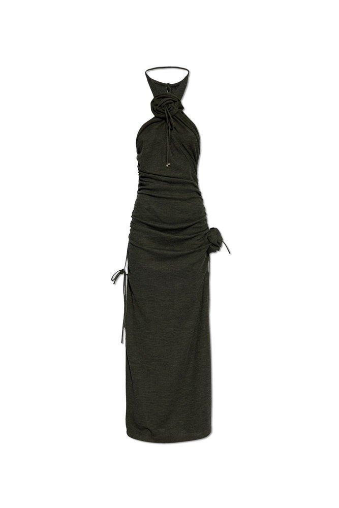 BURBERRY Floral Detailed Ruched Halterneck Dress In Grey Product Image