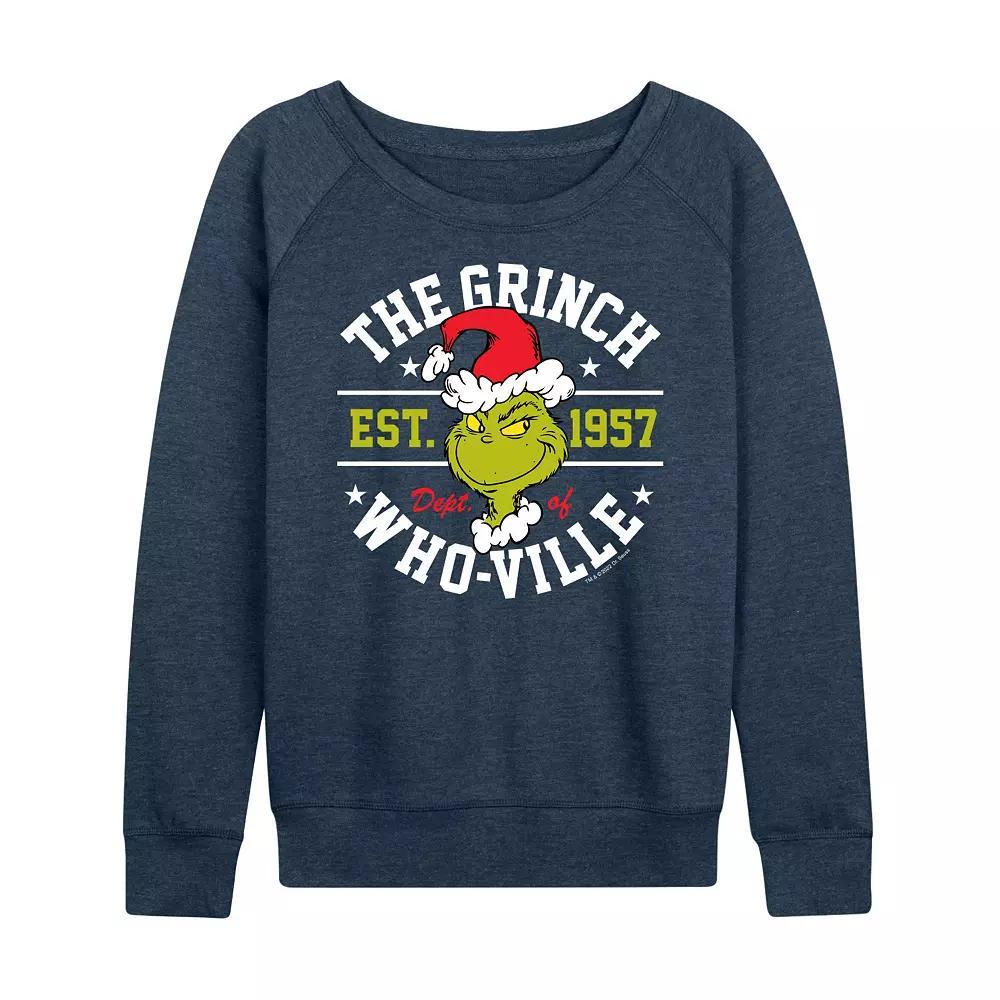 Womens Dr. Seuss The Grinch Dept Of Whoville French Terry Long Sleeve Tee, Girls Grey Indigo Product Image