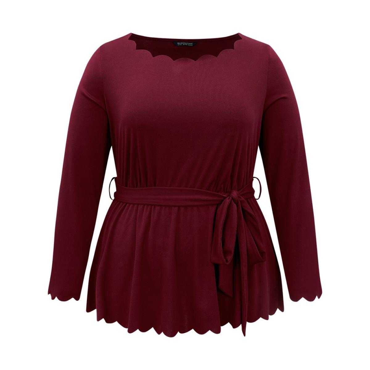 Plus Size Scarlet Solid Scalloped Trim Elastic Waist Belted Blouse Women Office Long Sleeve Round Neck Party Blouses BloomChic 14-16/1X Product Image